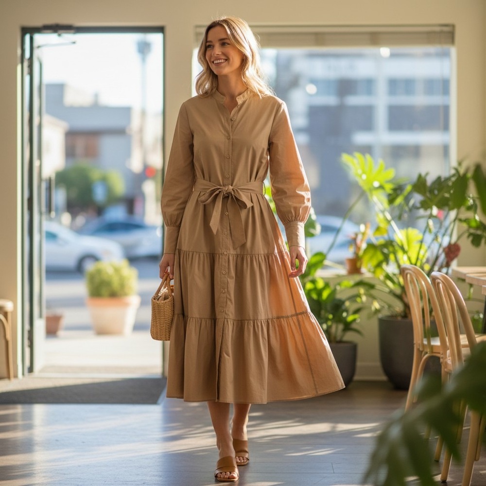 Lauren Ralph Lauren Tan Tiered Shirt Dress Khaki Midi Belted Size 6